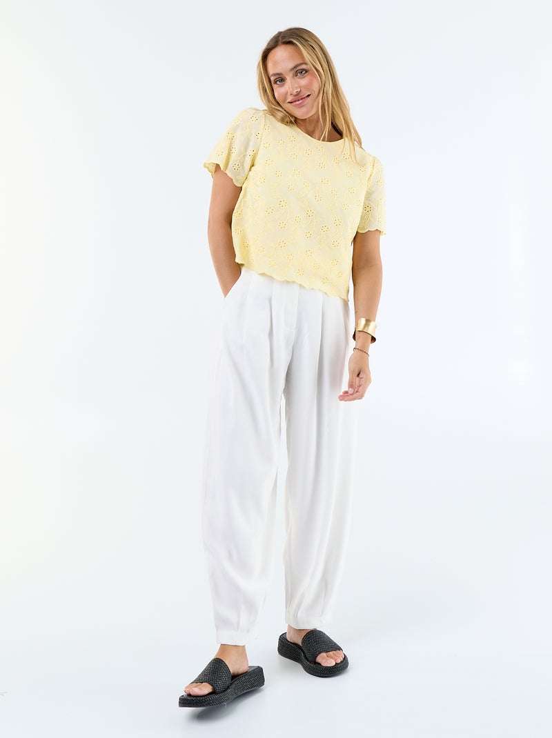 Top manches courtes broderies anglaises en coton uni Jaune - Kiabi