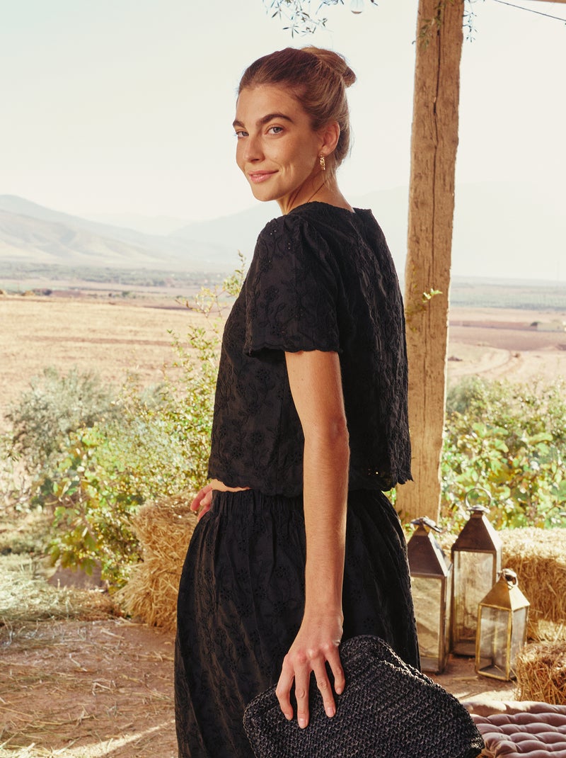 Top manches courtes broderies anglaises en coton uni Noir - Kiabi