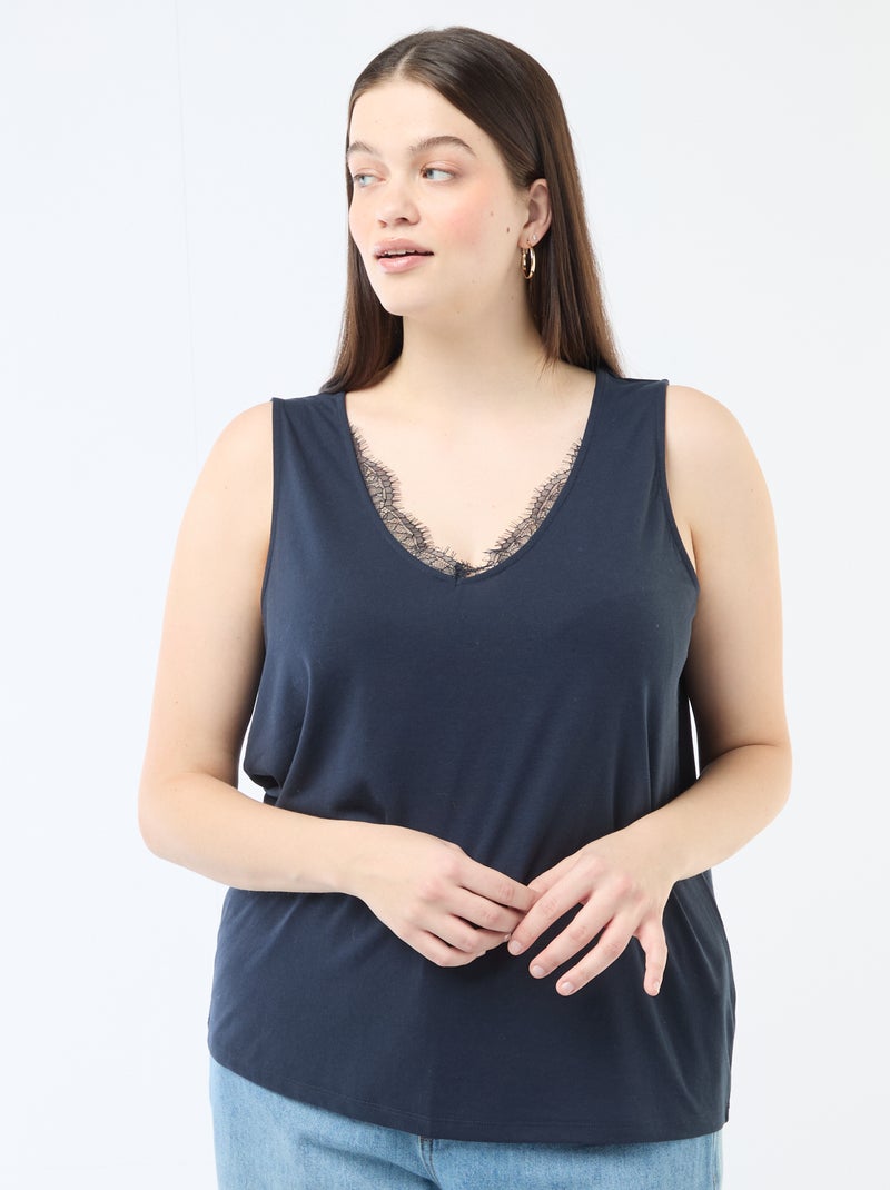 Top mit V-Ausschnitt und Spitze Blau - Kiabi