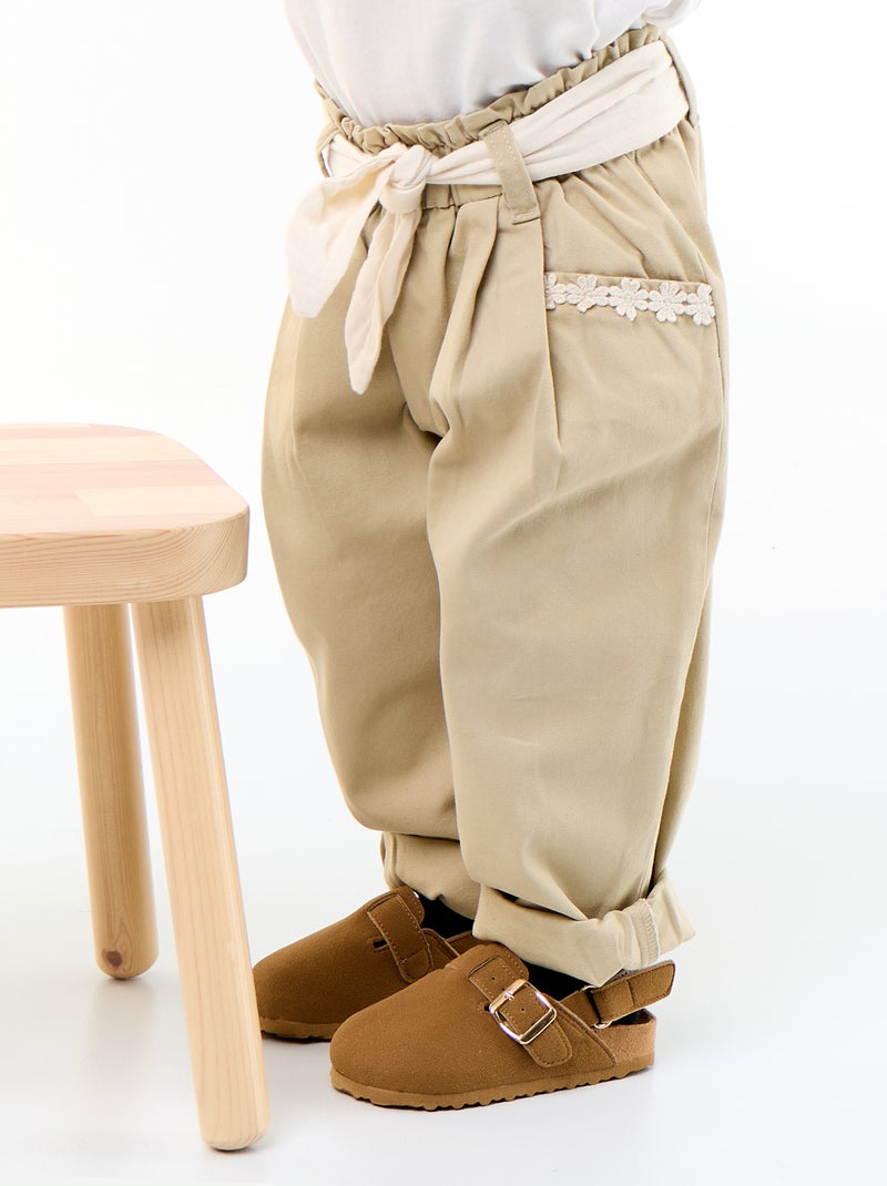 Twill Trousers with Tie Belt Beige - Kiabi