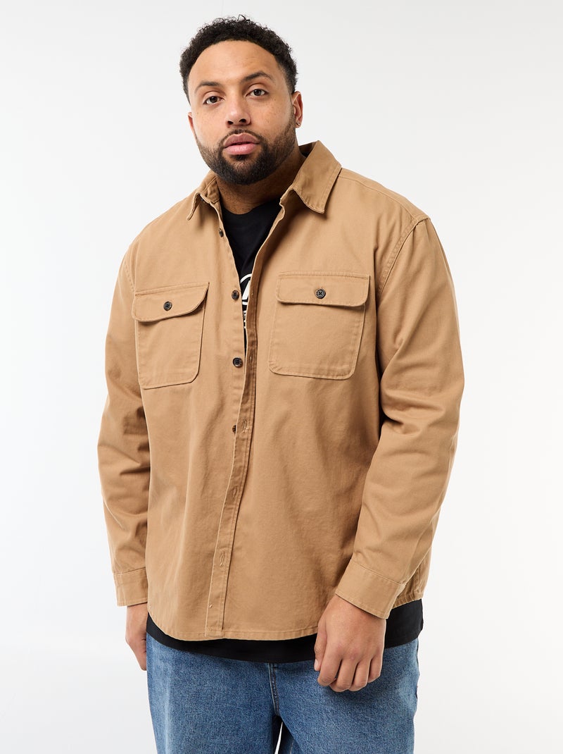 Twill-Überhemd mit Brusttaschen und Patte Beige - Kiabi