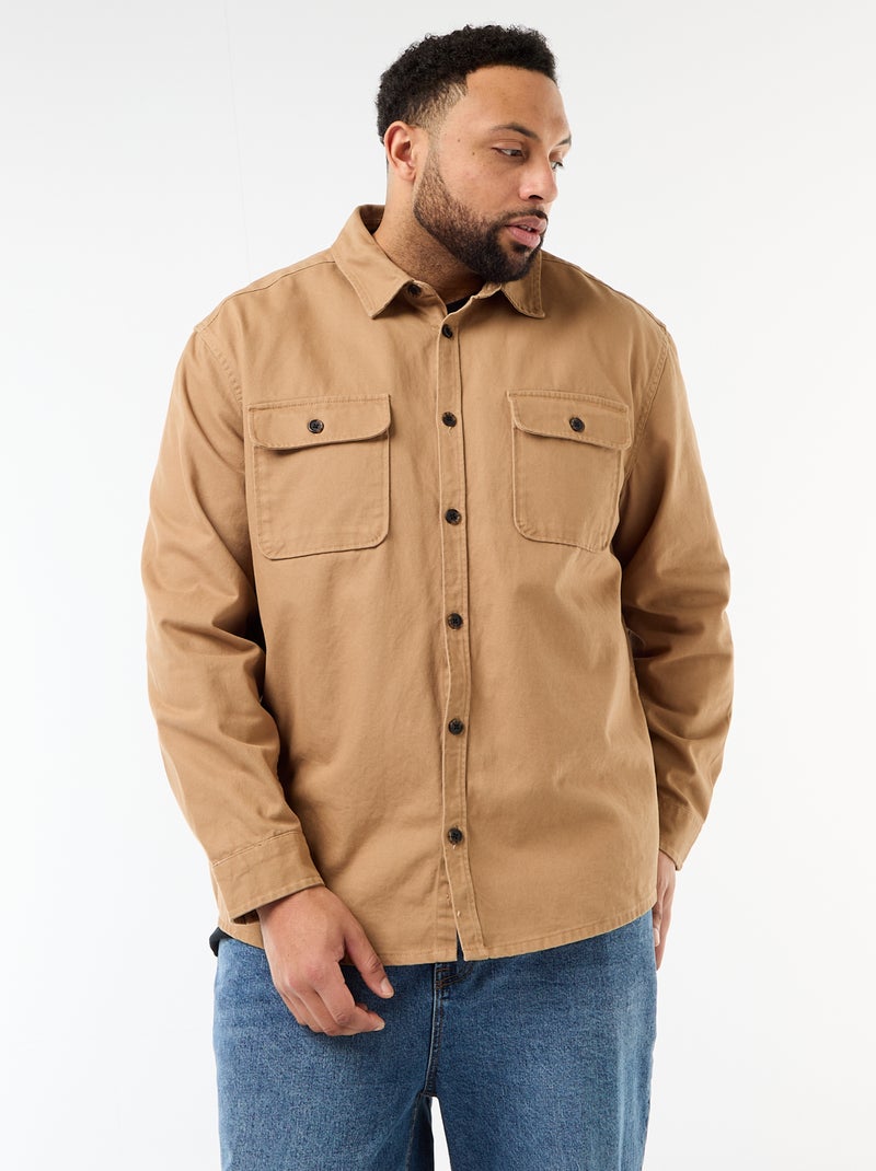 Twill-Überhemd mit Brusttaschen und Patte Beige - Kiabi