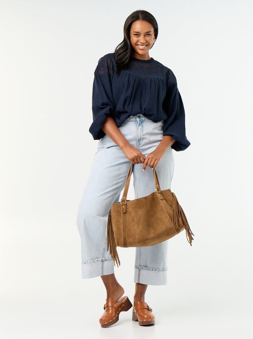 Unifarbene Bluse aus Baumwollgaze und Spitze - Kiabi