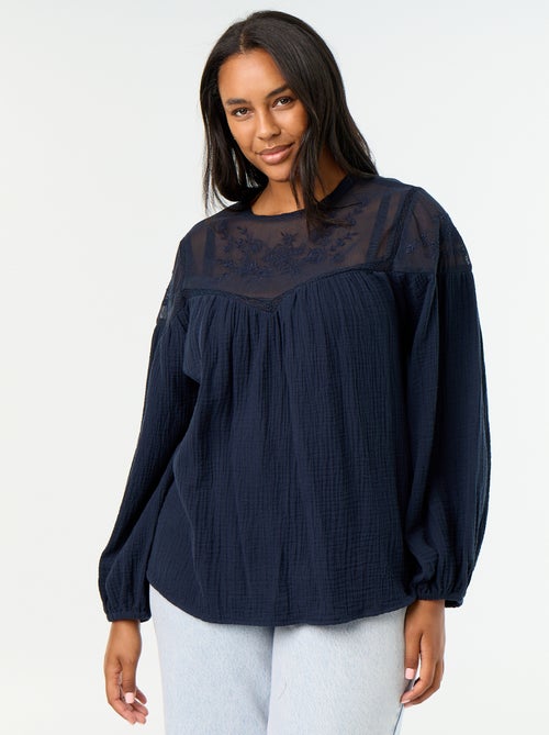 Unifarbene Bluse aus Baumwollgaze und Spitze - Kiabi