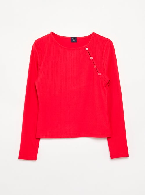 Unifarbenes geripptes T-Shirt mit Knopfdetail an der Schulter - Kiabi Unifarbenes geripptes T-Shirt mit Knopfdetail an der Schulter - Kiabi