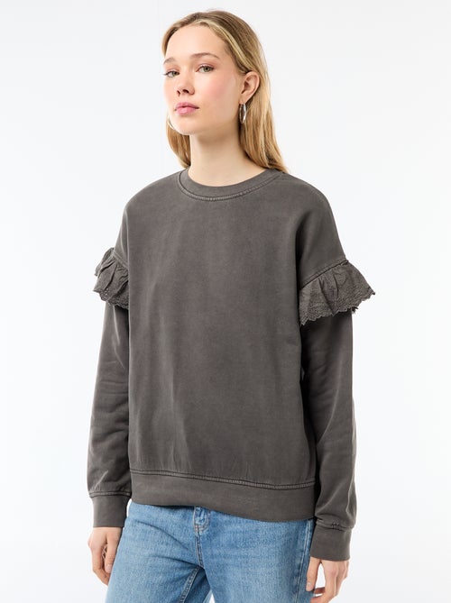 Unifarbenes Sweatshirt mit Lochstickerei-Volants an den Ärmeln - Kiabi
