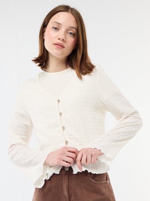 V-Neck Waffle Knit Top with Gold Buttons - Kiabi V-Neck Waffle Knit Top with Gold Buttons - Kiabi
