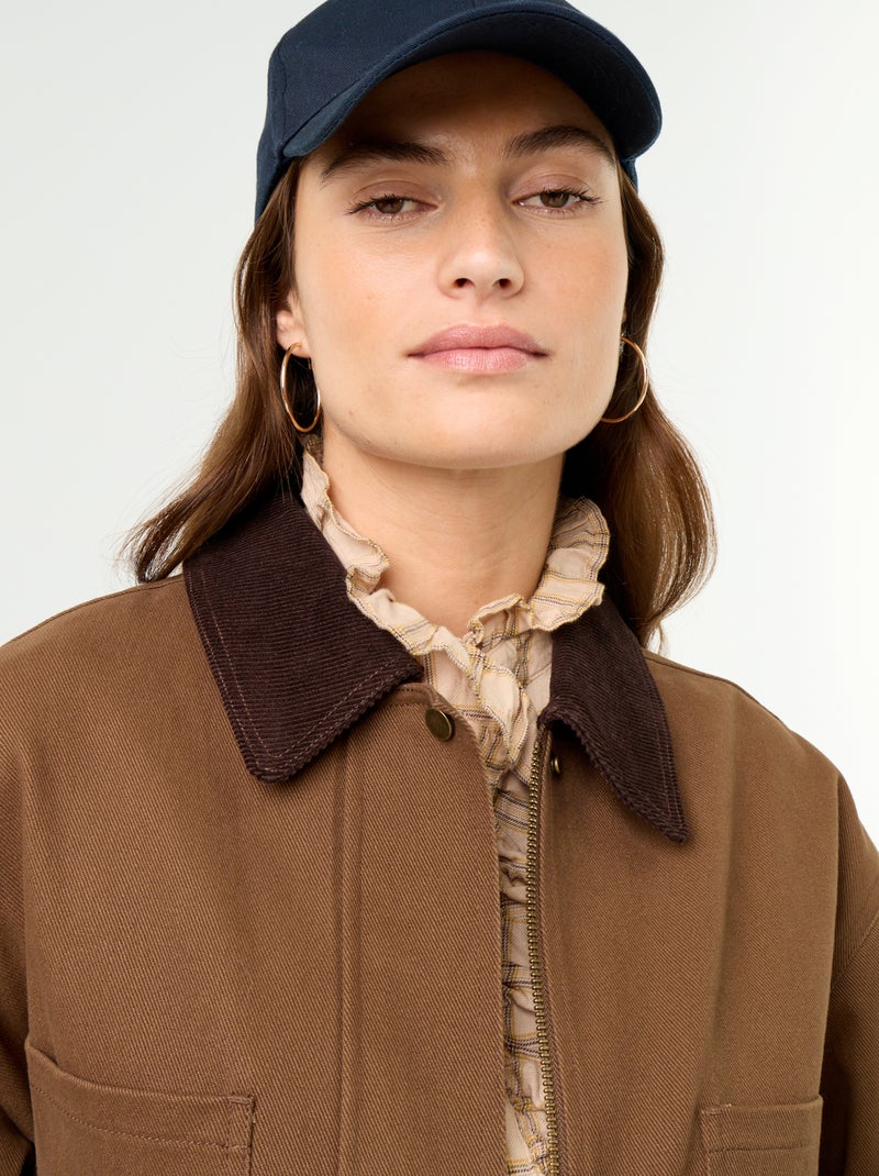 Veste coton twill avec col en velours Marron - Kiabi