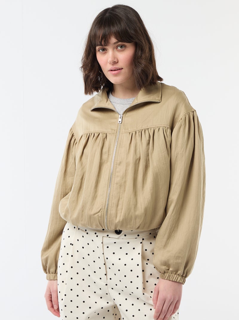 Veste unie zippée avec manches bouffantes Beige - Kiabi
