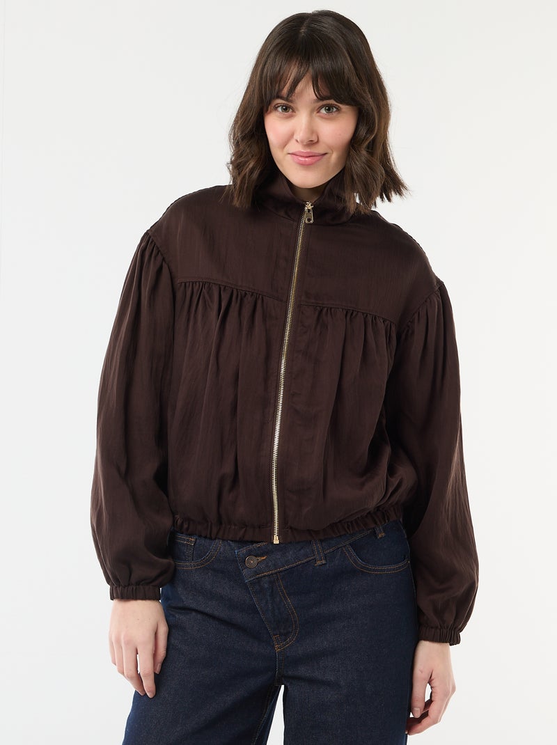 Veste unie zippée avec manches bouffantes Marron - Kiabi