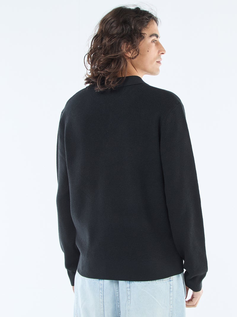 Waffle Knit Polo Collar Sweater Black - Kiabi