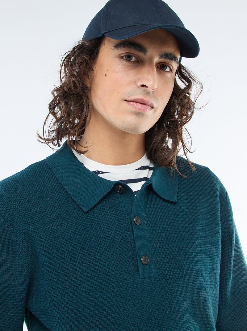 Waffle Knit Polo Collar Sweater Blue - Kiabi
