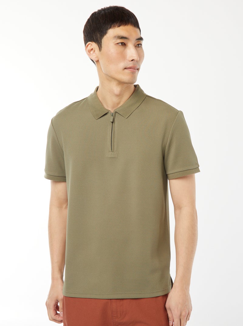 Waffle-knit polo shirt with zip-up neckline GREEN - Kiabi