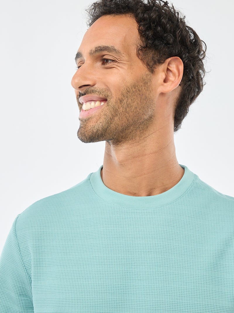 Waffle Knit Short Sleeve T-Shirt Blue - Kiabi