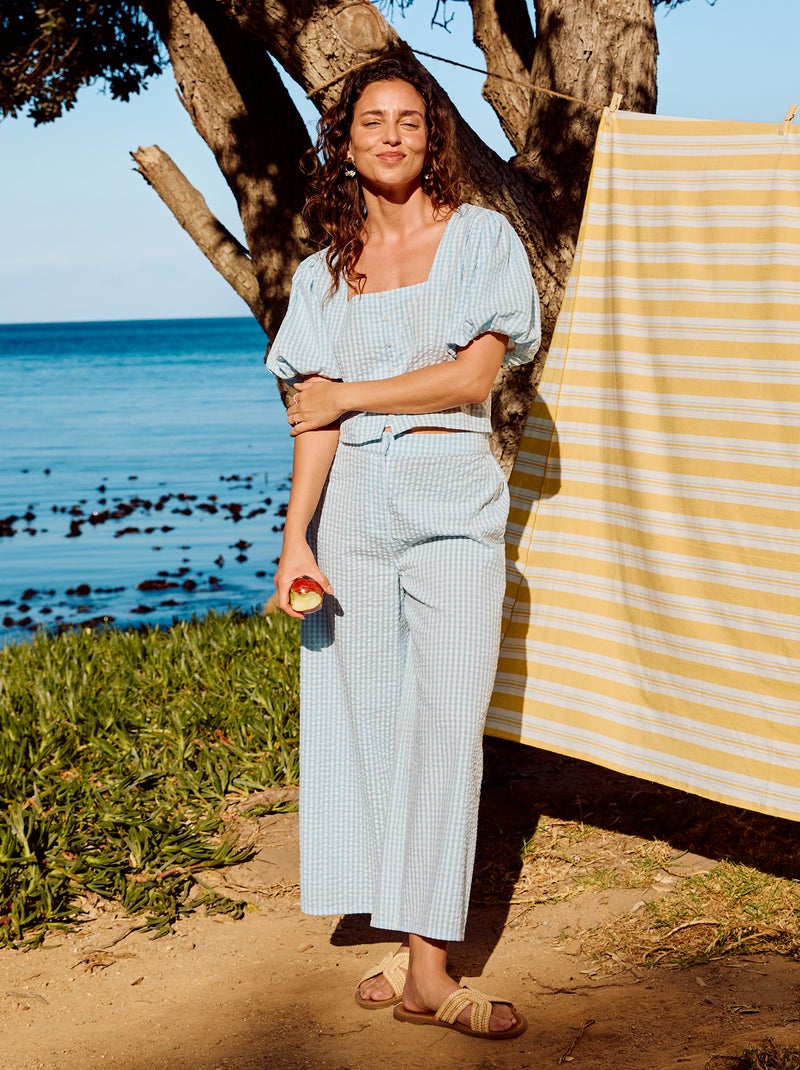 Waffle Knit Wide-Leg Trousers Blue - Kiabi