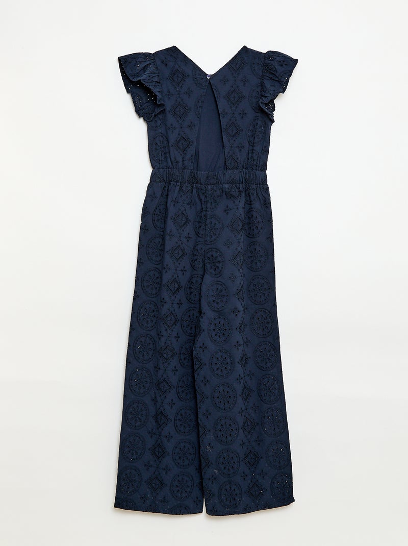Weiter Baumwoll-Jumpsuit mit Lochstickerei und Rüschen Blau - Kiabi