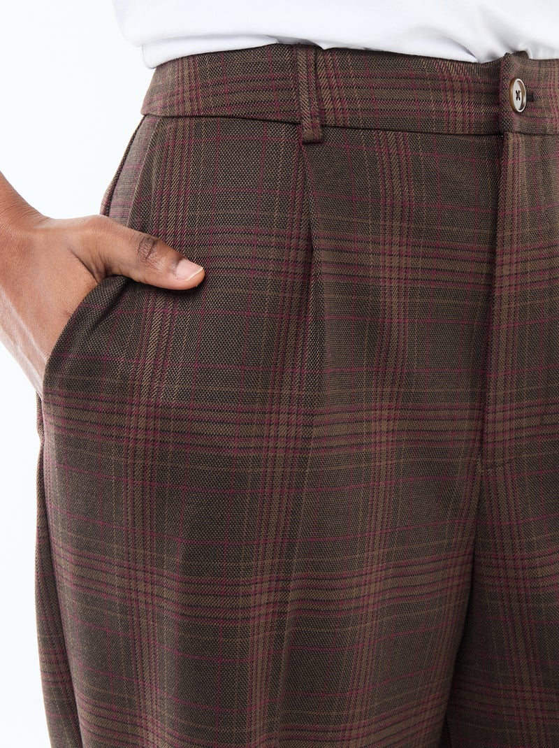 Wide-Leg Checkered Trousers Brown - Kiabi