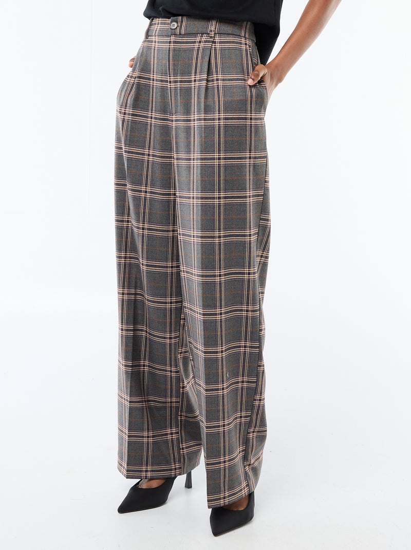 Wide-Leg Checkered Trousers Grey - Kiabi