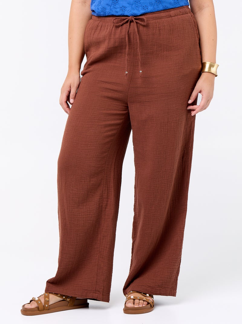 Wide-leg cotton gauze trousers Brown - Kiabi