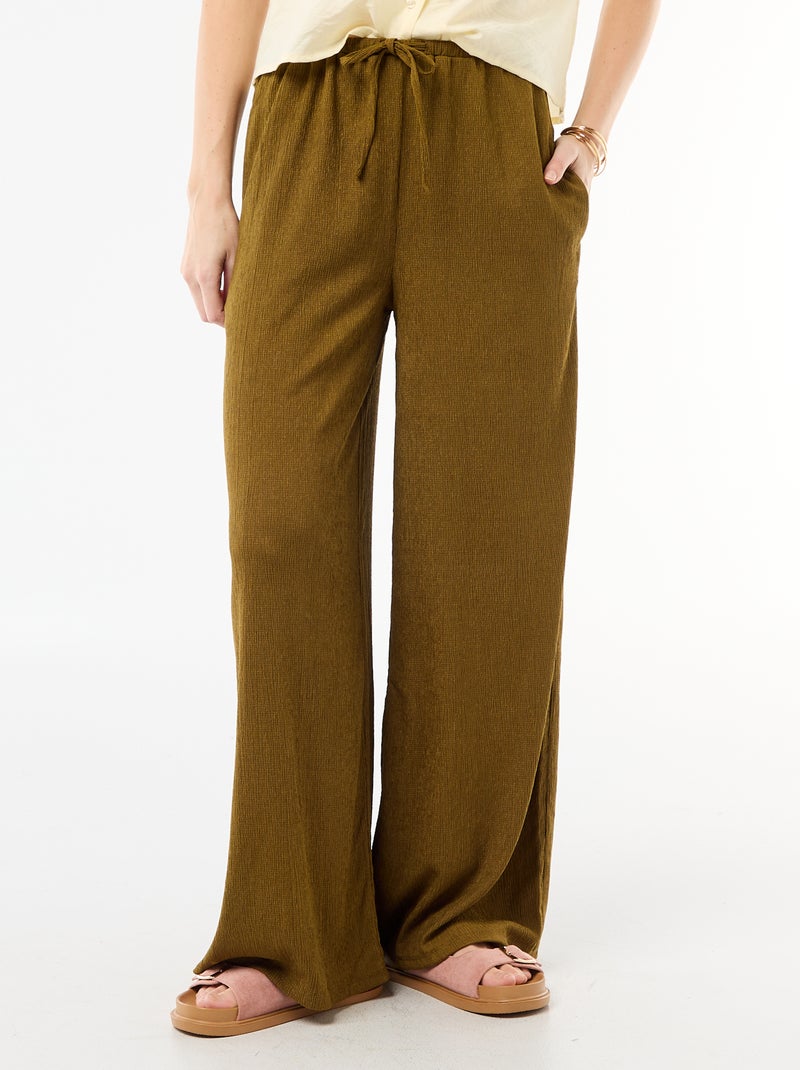 Wide-Leg Crêpe Trousers with 2 Pockets Khaki - Kiabi