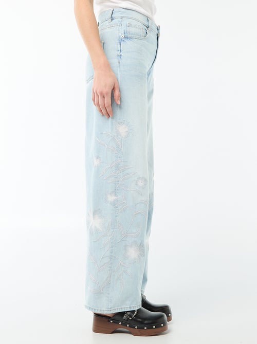 Wide Leg Denim Jeans with Embroidery - Kiabi