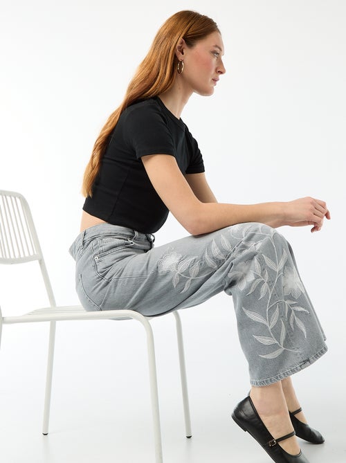 Wide Leg Denim Jeans with Embroidery - Kiabi