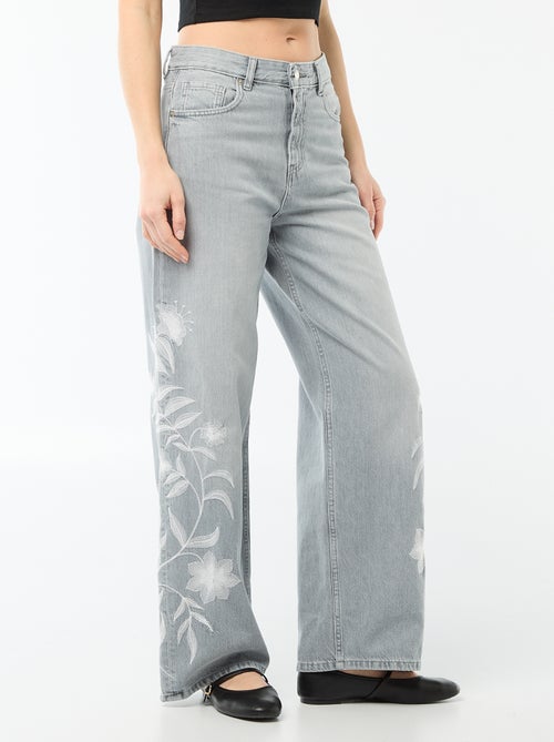 Wide Leg Denim Jeans with Embroidery - Kiabi