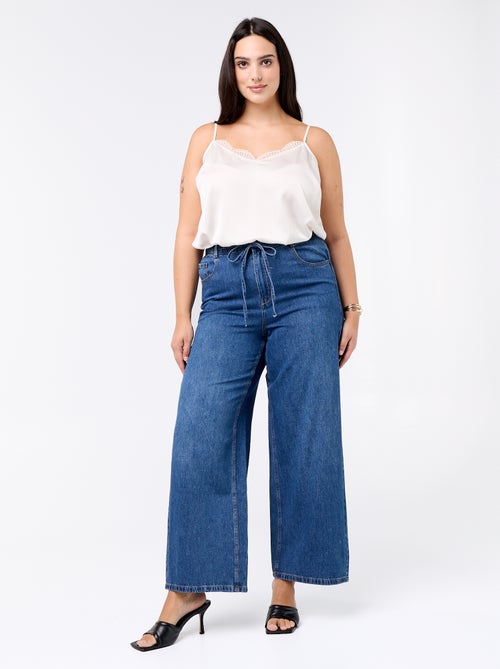 Wide-leg denim trousers with tie belt - Kiabi