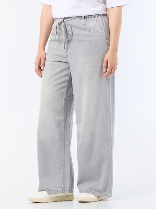 Wide-leg denim trousers with tie belt - Kiabi