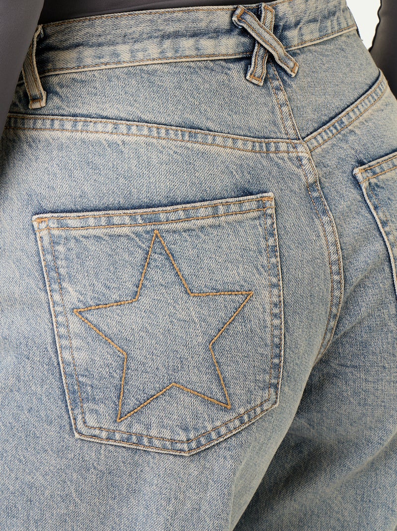 Wide-Leg-Jeans mit gestickten Sternen auf den Gesässtaschen Bleu - Kiabi