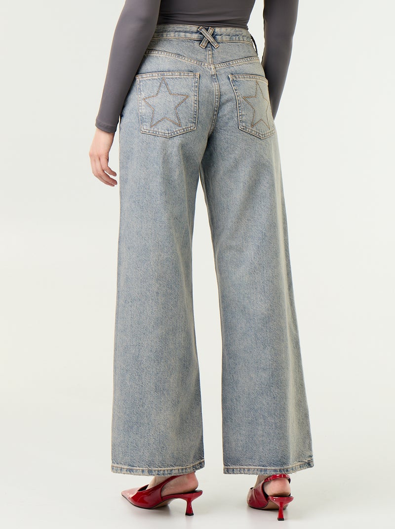 Wide-Leg-Jeans mit gestickten Sternen auf den Gesässtaschen Bleu - Kiabi
