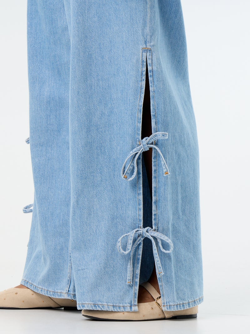 Wide-leg jeans with decorative side ties Blue - Kiabi