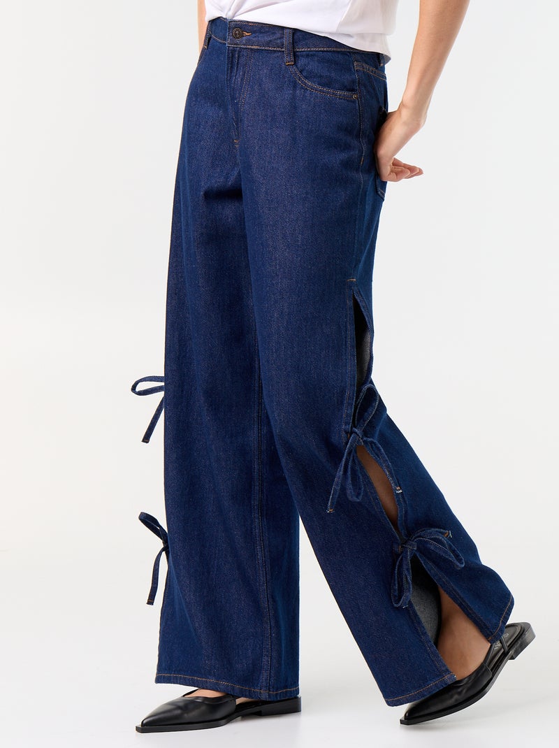 Wide-leg jeans with decorative ties at the hem Blue - Kiabi