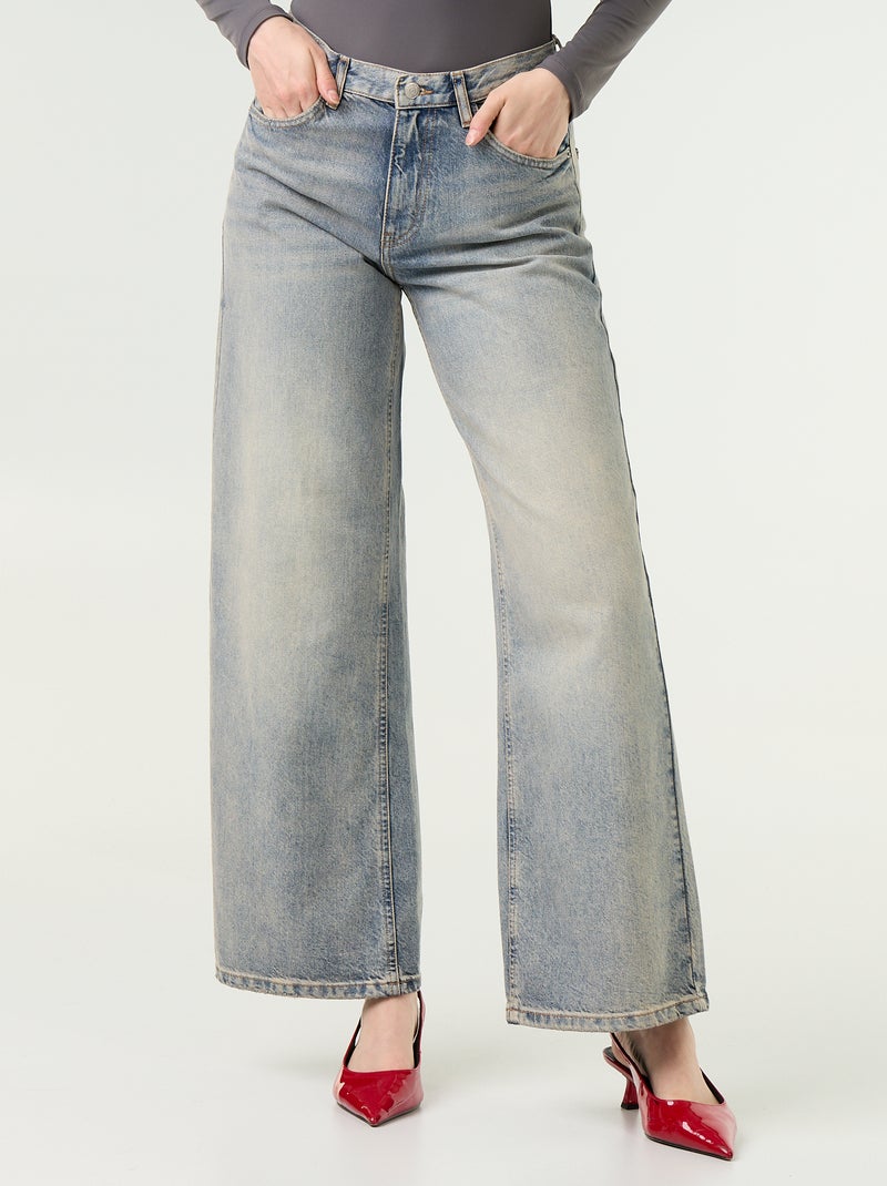 Wide-leg jeans with embroidered stars on back pockets Blue - Kiabi