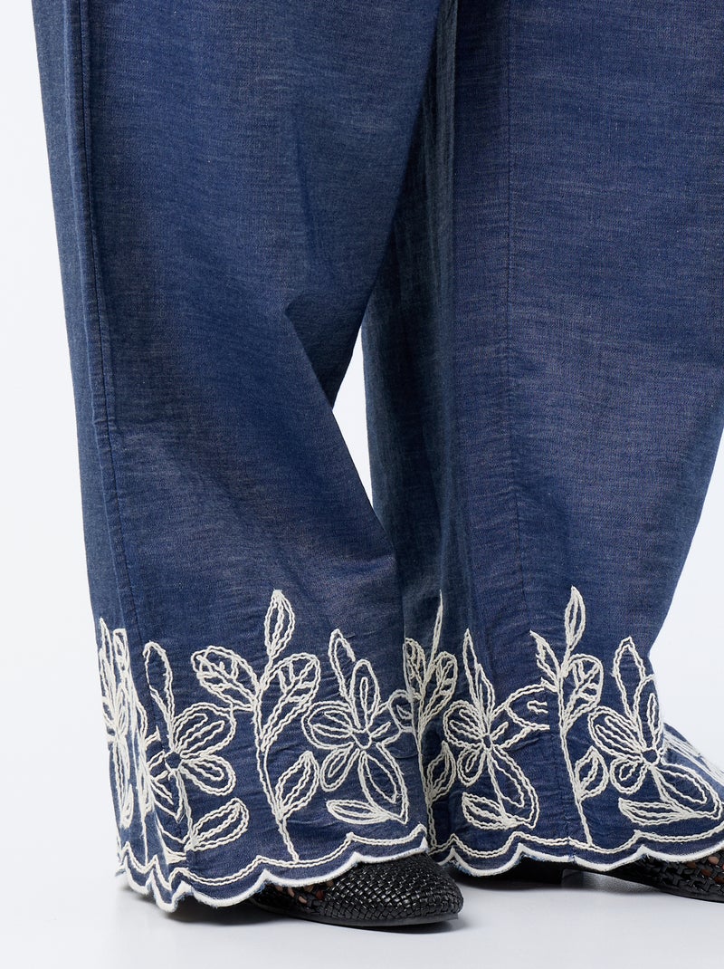 Wide-leg pants with embroidered details Blue - Kiabi