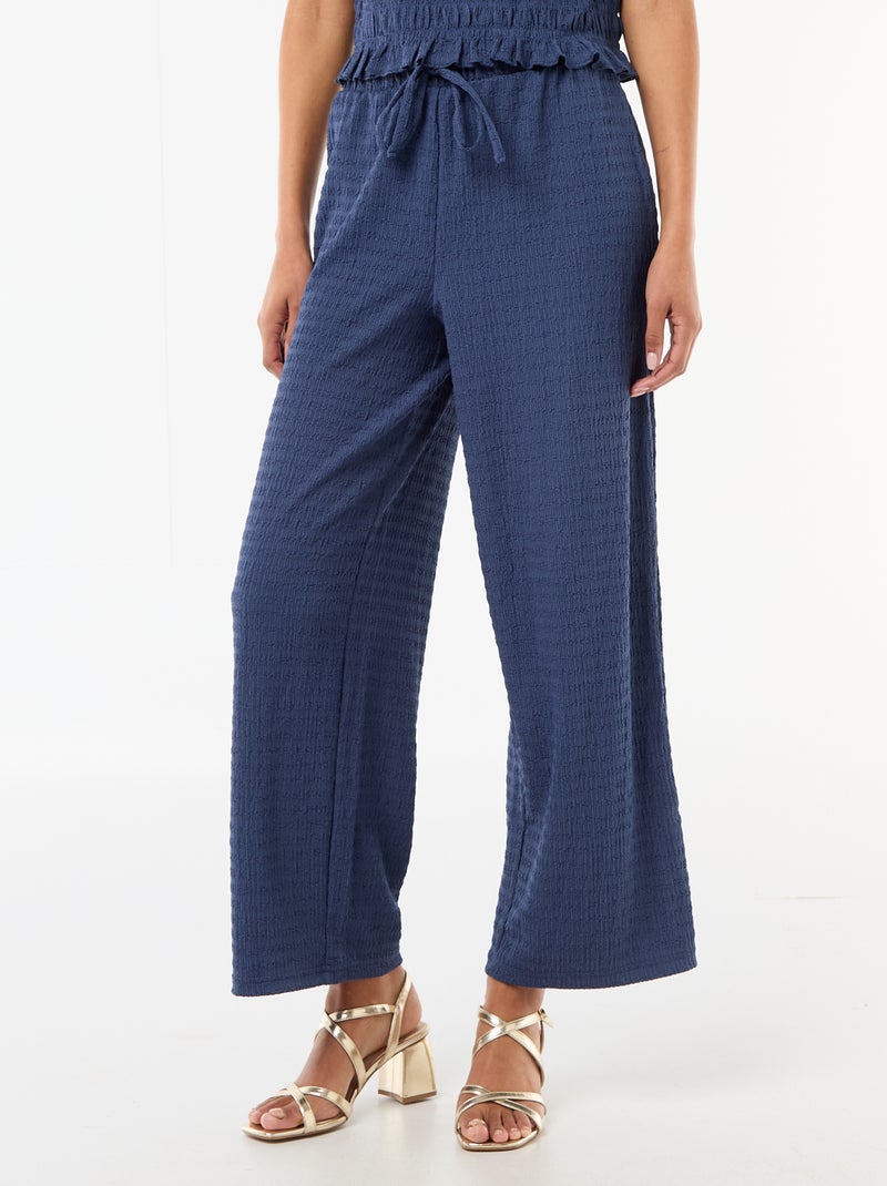 Wide-Leg Smocked Knit Pants Blue - Kiabi