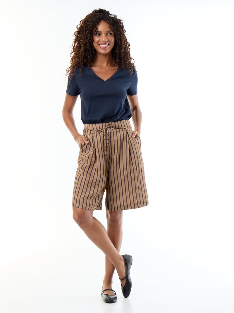 Wide-leg striped high-waisted Bermuda shorts Beige - Kiabi