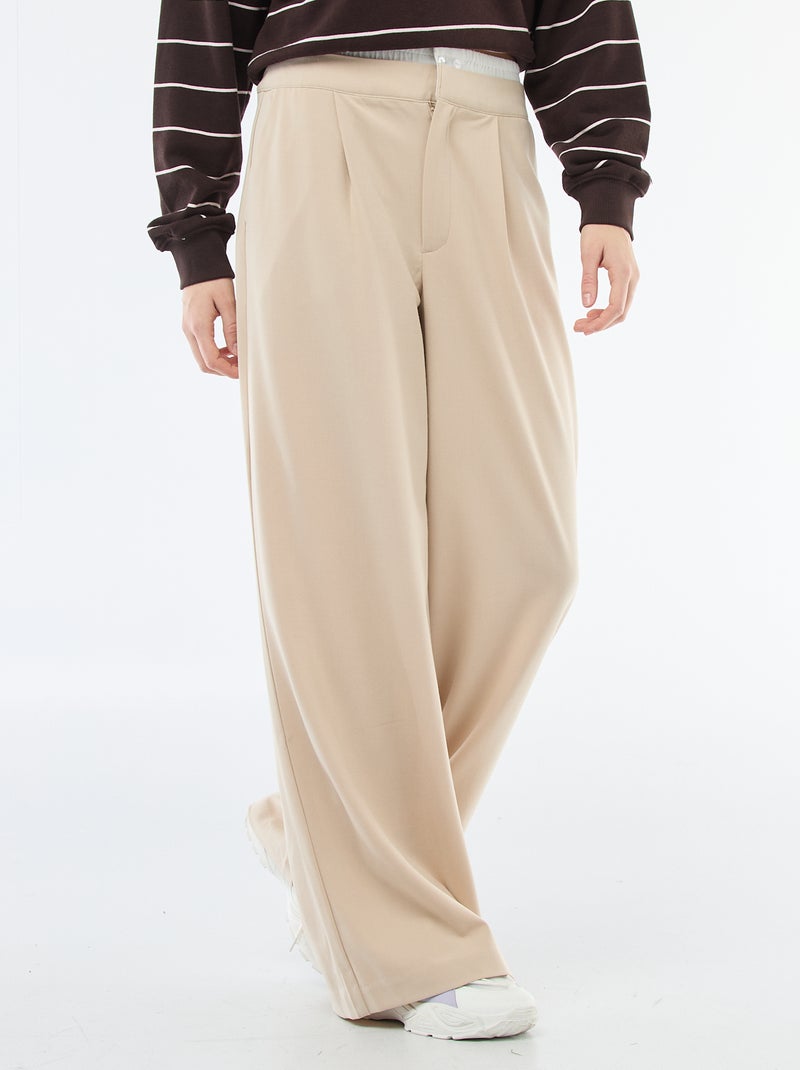 Wide-Leg Trousers with Boxer-Style Waistband Beige - Kiabi