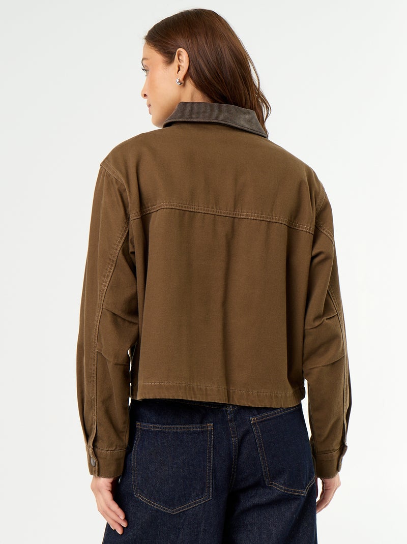 Workwear-Jacke aus Denim mit Samtkragen Braun - Kiabi