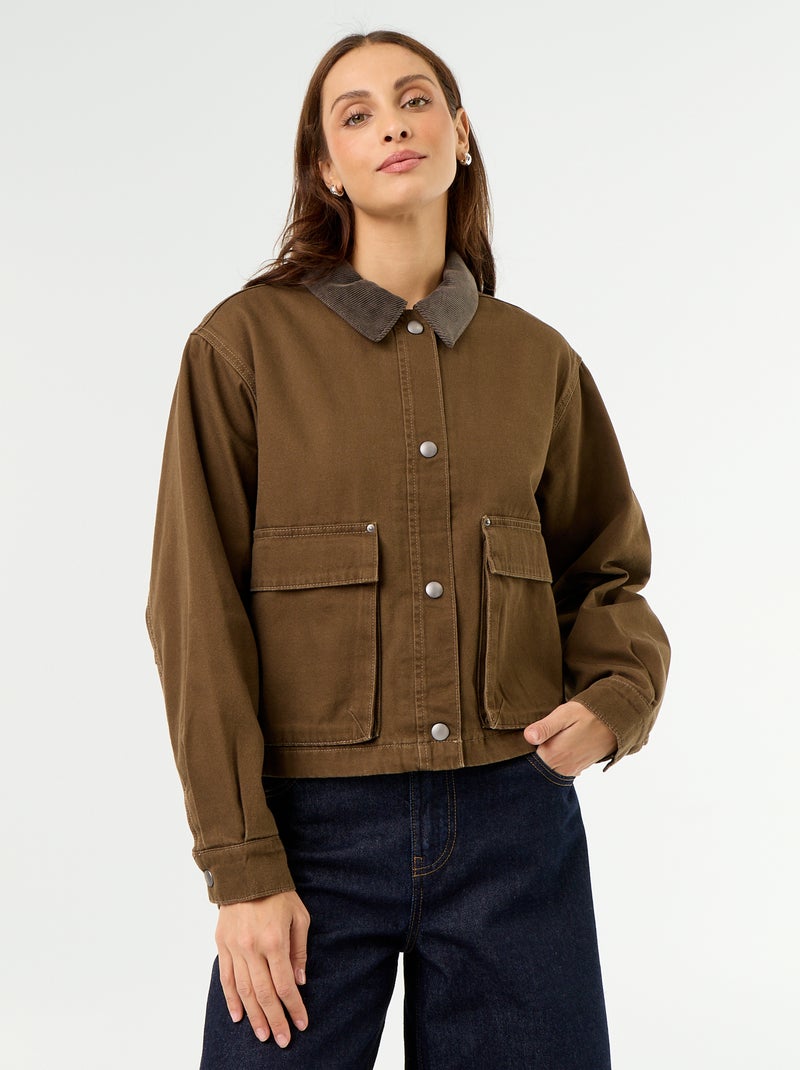 Workwear-Jacke aus Denim mit Samtkragen Braun - Kiabi