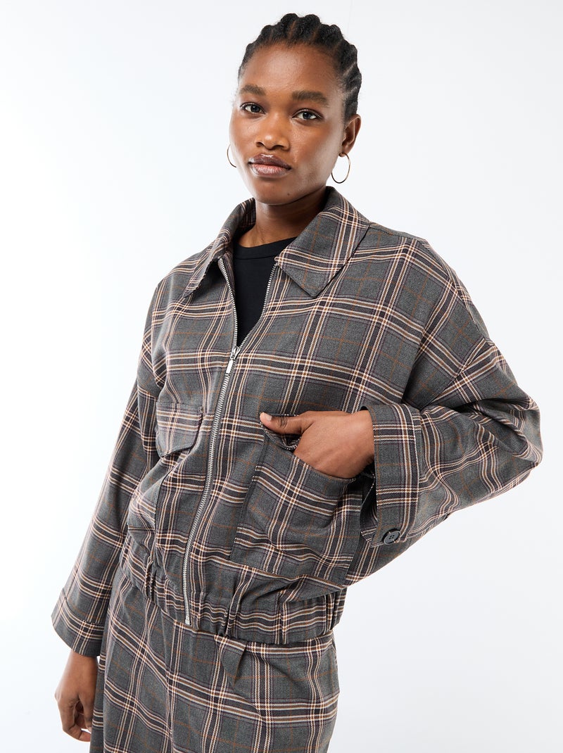 Zipped Checkered Jacket with Patch Pocket Grey - Kiabi