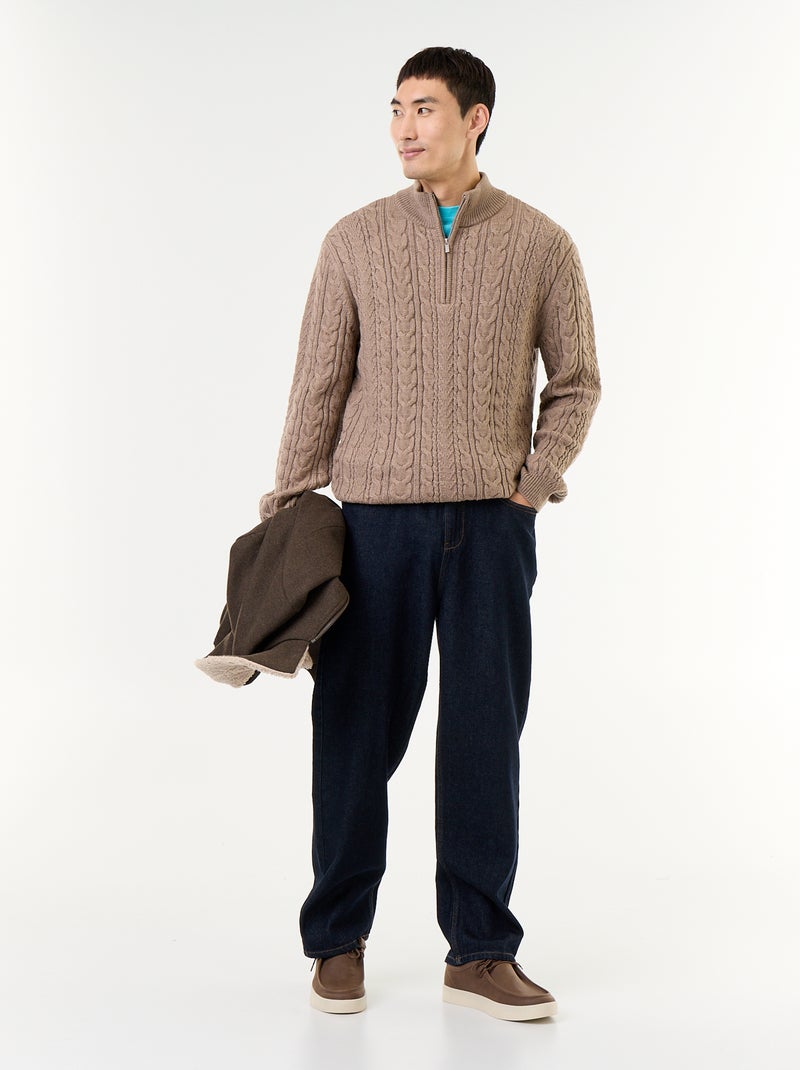 Zopfmuster-Pullover mit Reissverschlusskragen Beige - Kiabi